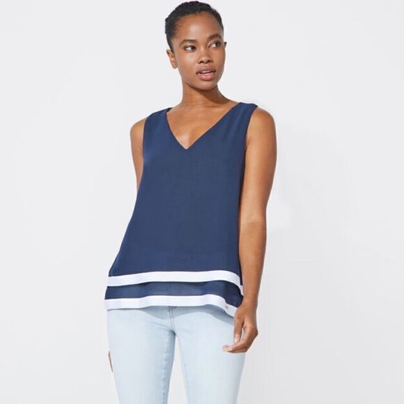 Nautica Tiered Chiffon Top Navy/White L EUC​ - Picture 1 of 10